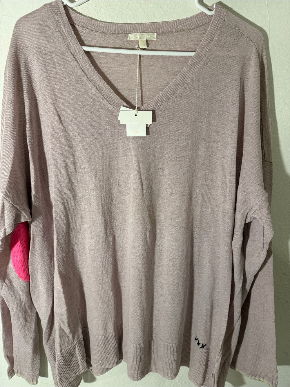 Lisa Todd Dusty Lavender V-Neck Sweater with Pink Elbow Patch